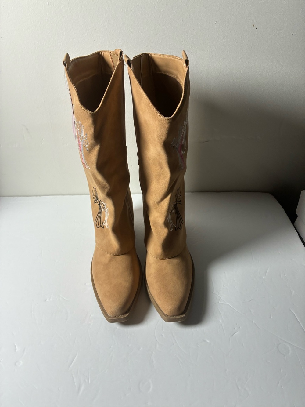 Hawkwell Tan Suede Embroidered Western Knee Boots